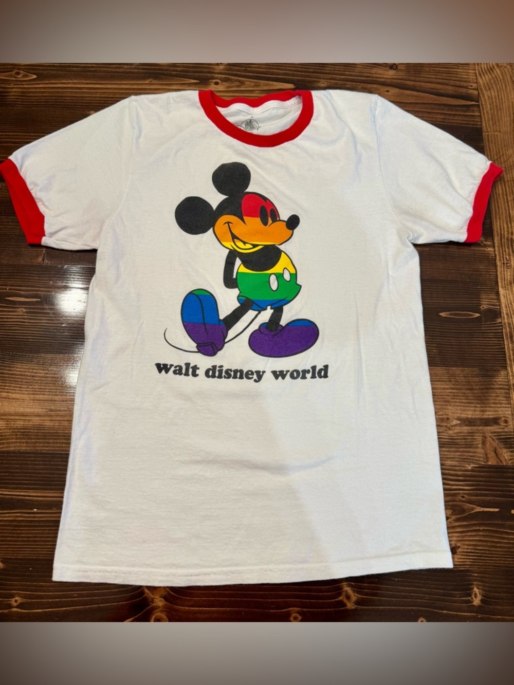 Disney PRIDE White Ringer Tee with Rainbow Mickey and Red Trim Size S
